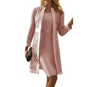 Mujeres Elegante Dos Piezas Traje de Trabajo Conjunto Vestido Sin Mangas Liso y Encaje Hollow out Cardigan Conjunto de Vestido de Fiesta de Novia (Rosa,M)