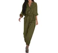 Mujeres Elegante Manga Larga Casual Largo Ancho Pantalones Monos con Bolsillos cinturón Mono De Mujer De Vestir(A Ejercito Verde,M)