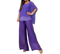 Mujeres Elegante Vintage Liso Dos Piezas Top de Gasa y Pantalones de Cintura Alta Conjunto Tul Vestido de Noche Vestido de celebración Fiesta Traje de Vacaciones (Púrpura,3XL)