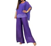 Mujeres Elegante Vintage Liso Dos Piezas Top de Gasa y Pantalones de Cintura Alta Conjunto Tul Vestido de Noche Vestido de celebración Fiesta Traje de Vacaciones (Gris,XXL)(Púrpura,L)