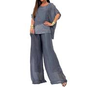 Mujeres Elegante Vintage Liso Dos Piezas Top de Gasa y Pantalones de Cintura Alta Conjunto Tul Vestido de Noche Vestido de celebración Fiesta Traje de Vacaciones (Gris,XXL)
