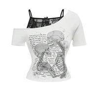 Mujeres Emo Grunge Camisetas Vintage Hombros Descubiertos Parte Superior Y2K Fake 2 Piezas Guitarra Gráfica Bebé Tea Gótico Estética Manga Corta Hombro Descubierto Crop Top Streetwear Punk Verano