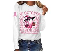 Mujeres en octubre desgaste Halloween Cáncer de Pecho Conciencia Camiseta de Manga Larga Top Sexy, Blanco, L