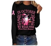 Mujeres en octubre desgaste Halloween Cáncer de Pecho Conciencia Camiseta de Manga Larga Top Sexy, Negro , XXL