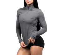 Mujeres Entrenamiento Fitness Manga Larga Deportiva Ajustada Corte Corto Camisetas de Yoga Tops de Gimnasio Gris L