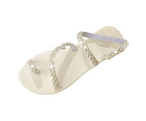 Mujeres Europa y los Estados Clip Toe Sandalias Planas Perla Frontera Femenina Pelo Gran Tamaño Comercio Exterior Playa Sandalias Playa Zapatos Mujer Negro Laca, Blanco, 39 EU