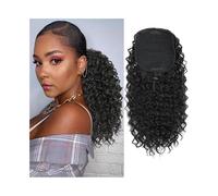 Mujeres Extensiones de cola caballo con cordón, cabello humano rizado profundo, coletas 12 a 26 pulgadas, extensiones Remy clip, n.° 1B Uso diario(14inches)
