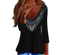 Mujeres Floral Estilo Nacional Impreso Casual Manga Larga Camiseta con Cuello en V Espino Ropa, verde, M