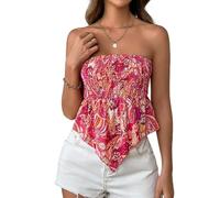 Mujeres Floral Tube Tops Boho sin Tirantes sin Mangas Ruffle Hem Verano Saliendo Casual Bandana Top (FR/ES, Letras, XL, Regular, Regular, Rosa)
