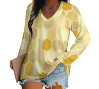 Mujeres Geometría Simple V Cuello Sudadera Casual De Manga Larga Pullover De Moda Casual Camisas Sueltas, Camiseta Básica De Manga Larga, Ligera Y Transpirable Lavable A Máquina Amarillo M