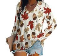 Mujeres Hojas Bellota V Cuello Sudadera Casual De Manga Larga Pullover Impresiones Plantas Camisas Sueltas, Camiseta Básica De Manga Larga, Ligera Y Transpirable Lavable A Máquina Blanco M