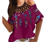 Mujeres Holgado Cuello Redondo Caída Hombro Manga Corta Casual Jersey Estampado Camiseta Top Camiseta Mujer Manga Larga, morado, L