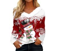 Mujeres Invierno Casual Moda Cuello en V Impreso Manga Larga Camiseta Tops Casual Camisa Blusa Manga Trompeta Señoras, rojo, M