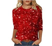 Mujeres Invierno Casual Moda Cuello Redondo Día de San Valentín Impresión Tres Mangas Camiseta Top Espalda sin Espalda Top Mujer, Rojo sandía, L
