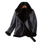 Mujeres Invierno Cordero Chaquetas de Lana Cuello De Piel Con Cremallera Parka Con Cremallera Caliente Gruesa Ropa Exterior Ropa Exterior de Cuero Chaqueta de Cuero de Piel de Cordero de Cuero, Negro