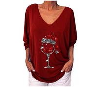 Mujeres invierno manga larga Navidad copa vino cuello en v camiseta señoras ropa ofertas, rojo, S