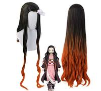 Mujeres Kamado Nezuko Cosplay peluca Demon Slayer: Kimetsu No Yaiba Sister Black With Orange Long Wavy Hair MZ-374