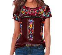 Mujeres Manga Corta Suelto Cuello Redondo Casual Jersey Folk Personalizado Impreso Camiseta Top Top Encaje Negro, Vino, XL