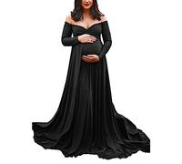 Mujeres Maternidad Hombro Descubierto Manga Larga Fotografía Embarazada Vestido Sólido Princesa Foto Props, Negro , M