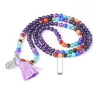 Mujeres Maxi Collar Largo Natural Mala Gema Piedra Grano Borla 7 Chakra Ojo de Tigre Rosa Amatista Lava Cuarzo Boho Collar, Amatista, Talla única
