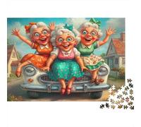 Mujeres Mayores Felices Puzzle para Adultos Puzzle de 1000 Piezas Coche Vintage Relajante Decoración Regalo 70x50cm/1000pcs
