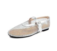 Mujeres Mesh Ballet Flats Comfy Informal Oficina Plano Heel Fishnet Ballerina Zapatos Punta Redonda Hebilla Strap Mary Jane Flats para Mujer Señoras Niñas Plateado Numero 37