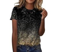 Mujeres Moda Casual Ggradient Lentejuelas Estampado Cuello Redondo Camiseta Suelta Top Brillo Top Mujer Fiesta, amarillo, L