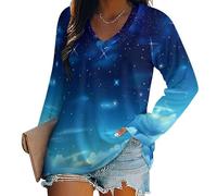 Mujeres Moda Cielo Estrellado V Cuello Sudadera Casual De Manga Larga Pullover Estrellas Nubes Camisas Sueltas, Camiseta Básica De Manga Larga, Ligera Y Transpirable Lavable A Máquina Azul Oscuro 3XL