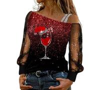 Mujeres Moda Impresión Hombro Frío T Camisa Malla Manga Larga Empalmada Blusa Tops Envoltura Top Señoras, rojo, XL