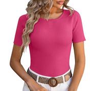 Mujeres Moda Sólido Cuello Redondo De Punto Manga Corta Piso Apretado Casual Top Tops Conjunto, Rosa intenso., L