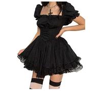 Mujeres Negro Gótico Lolita Vestido de Encaje Blanco con Cordones Manga abullonada Fiesta Baile de graduación Disfraces de Halloween (Black, Small)