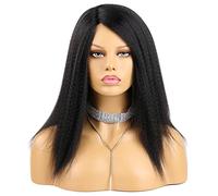 Mujeres Peluca 14Inch Largo Liso Afro Kinky Hair Para Las Mujeres Negras Rizado Pelucas Completo Esponjoso Sintético Ninguno Frente De Encaje Diario De Halloween Party,1b,14Inches