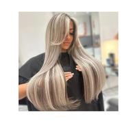Mujeres Peluca de cabello humano liso con encaje frontal, 13x6, color castaño ceniza, con reflejos, transparente Aspecto natural(12inches)
