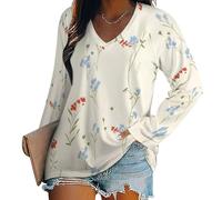 Mujeres Pequeñas Flores Silvestres V Cuello Sudadera Casual De Manga Larga Pullover Estilo Pastoral Camisas Sueltas, Camiseta Básica De Manga Larga, Ligera Y Transpirable Lavable A Máquina Crema XXL