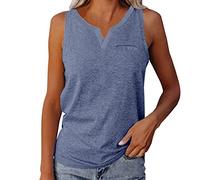 Mujeres Primavera Verano Simple Color Sólido Cuello en V Chaleco Sin Mangas Bolsillo Tops Blusa Camisa Señoras Negro, azul, S