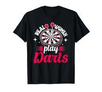 Mujeres reales juegan a los dardos, lanzan dardos, ojo de buey, tiran dardos, chica Camiseta