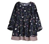 Mujeres Retro Boho Floral Top Camiseta Suelta Talla Grande Blusa Señoras Diablo, marine, 4XL