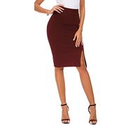 Mujeres Sólido Negocios Cintura Alta Lápiz Falda Oficina Elástico Bodycon Midi Falda Ranura Lateral(XL, Vino Rojo)