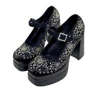 Mujeres Suela Gruesa Ligera de tacón Alto Zapatos únicos Plataforma tacón Grueso tacón ultraalto Estilo Europeo y Americano Moda Mary Janes Bombas con Hebilla de estrás Arco Encaje Perla