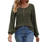 Mujeres Suéter Casual Ligero Cómodo Jerséis de Punto Liso a Rayas de Manga Larga Camisa Jerséis Cuello Redondo con Botones Tops de Manga Larga Suéter Ligero Túnicas Pullover