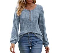 Mujeres Suéter Casual Ligero Cómodo Jerséis de Punto Liso a Rayas de Manga Larga Camisa Jerséis Cuello Redondo con Botones Tops de Manga Larga Suéter Ligero Túnicas Pullover