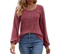 Mujeres Suéter Casual Ligero Cómodo Jerséis de Punto Liso a Rayas de Manga Larga Camisa Jerséis Cuello Redondo con Botones Tops de Manga Larga Suéter Ligero Túnicas Pullover