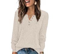 Mujeres Suéter Casual Ligero Cómodo Jerséis de Punto Liso a Rayas de Manga Larga Camisa Jerséis Cuello Redondo con Botones Tops de Manga Larga Suéter Ligero Túnicas Pullover