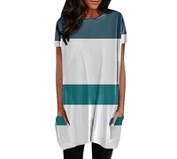 Mujeres Verano Casual Cuello Redondo Manga Corta Bolsillo Colorido Geométrico Costura Leopardo Impresión Larga Top Camisa Bajo Suéter Mujer, azul, L