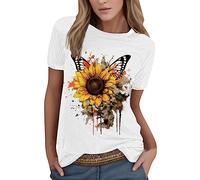 Mujeres Verano Casual Moda Cuello Redondo Manga Corta Diente de León Tie Dye Impresión Camiseta Top Mujer Manga Corta, amarillo, XL
