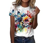 Mujeres Verano Casual Moda Cuello Redondo Manga Corta Mariposa Impresión Camiseta Top con Cuello Profundo, Blanco, 3XL