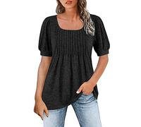 Mujeres Verano Casual Puff Manga Corta Camisetas Cuello Cuadrado Plisado Flowy Túnica Tops para Leggings Túnica de Corte Ancho, Negro , L
