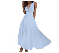 Mujeres Verano Sexy Profundo V-cuello Formal Sin Mangas Largo Vestido Gradiente Cremallera Swing Vestidos, azul claro, M