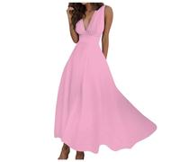 Mujeres Verano Sexy Profundo V-cuello Formal Sin Mangas Largo Vestido Gradiente Cremallera Swing Vestidos, Rosa., L