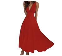 Mujeres Verano Sexy Profundo V-cuello Formal Sin Mangas Largo Vestido Gradiente Cremallera Swing Vestidos, rojo, L